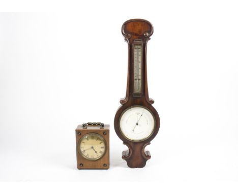 A William IV mahogany barometer,  together with a French carriage timepiece or 'carriage clock' with brass dial and Roman num
