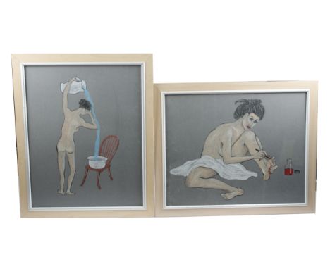 A pair of pastel studies of nudes,  one a lady painting her toenails a vibrant red, the other washing from a basin, both fram