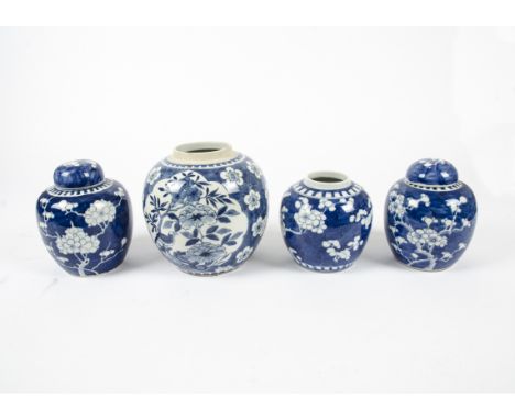 Four late 19th &amp; early 20th Century Chinese export blue and white ginger jars, two with covers, three with prunus decorat