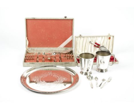 A quantity of silver plated items and tableware,  to include multiple sets of plated cutlery, loose cutlery, large platters, 