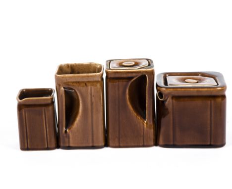 A Cunard Line ceramic cube coffee set, made by George Clews & Co Ltd Tunstall, circa 1935, consisting of a coffee jug (missin