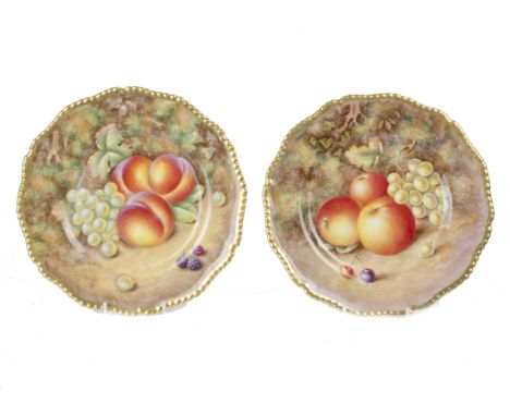 Two Royal Worcester cabinet plates, with shaped gilt borders and hand painted with fruit, one signed 'H. Ayrton', the other '