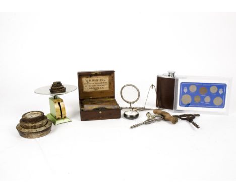 A collection of antiques and collectables,  consisting of a tinplate salter scale, an open pocket watch, a selection of slide