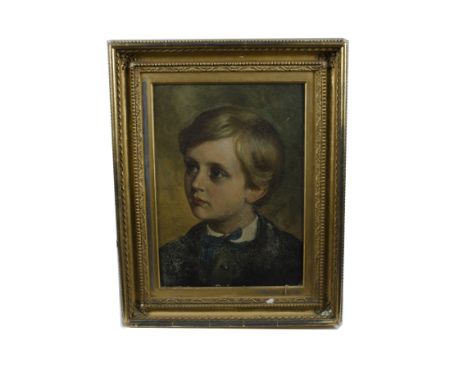 A Victorian oil on board portrait of a young boy unsigned, in gilt frame, internal dimensions approximately 44 cm x 31 cm con