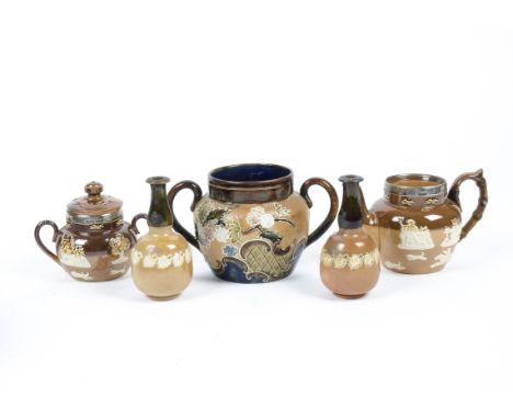 A small quantity of Doulton, including a Hunting series harvest ware miniature hallmarked silver collared teapot, a similar t