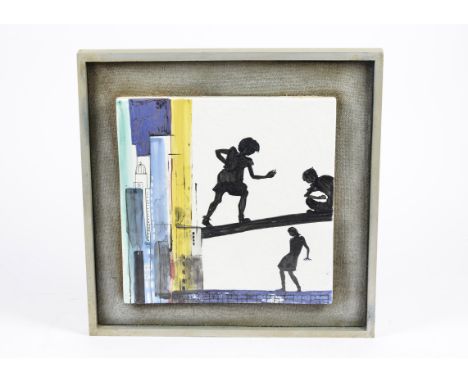A David Sharp Rye ceramic plaque, the tile painted with a scene of children playing within a city, unsigned, framed, 33 cm x 