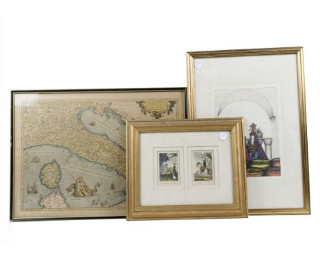 A pair of framed and glazed prints of South American women, together with a framed and glazed print of Egyptian Mamelouks and