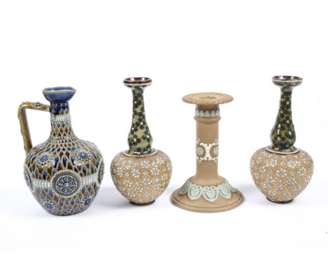 Four pieces of Doulton Lambeth ceramics, consisting of a matching pair of Slaters Patent vases, the patent was for the effect