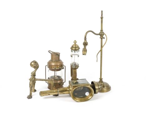 A collection of 20th Century metal ware,  including an Anchor lantern, two coach lights, a pair of wooden wall brackets, bras
