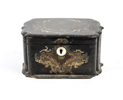 A papier mache tea caddy,  with mother of pearl escutcheon, the top decorated with a view of exotic figures and architecture 