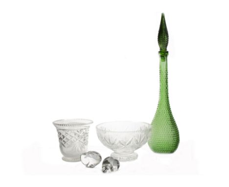 A selection of 20th &amp; 21st Century cut and moulded glassware, a Linda Allyn scent bottle and two others (one missing stop