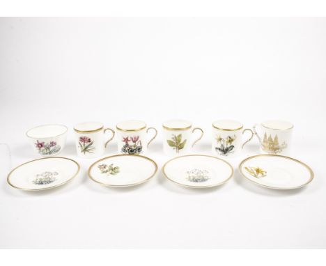 A Royal Worcester botanical part coffee service consisting of fourteen cups,  fifteen saucers, a cream jug, and a sugar bowl,