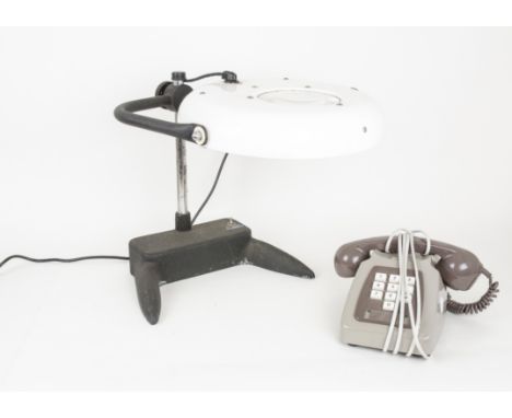 Vintage Laboratory Magnifying Lamp and Telephone, a 1960s M5 magnifying lamp with plastic shade on adjustable metal stand by 
