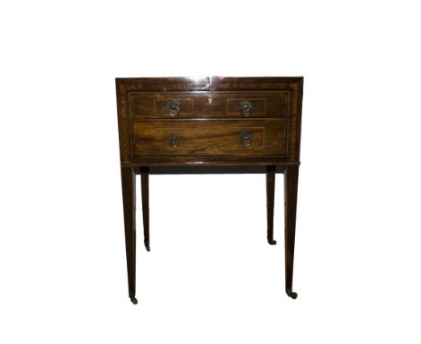 A late George III Rosewood box line inlaid satinwood banded dressing table, the double rising top over a fitted interior with