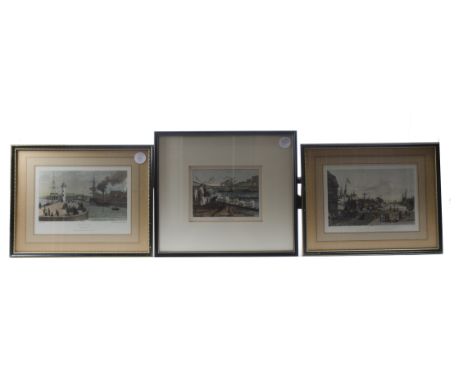 A small oil on board river scene together with five antique prints, all with ports, harbours and rivers as focal points of in