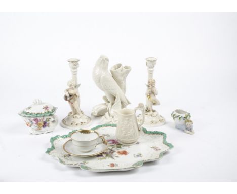 A box of mostly continental porcelain including a rococo style dressing table set with pots of shell shaped form,  Victorian 