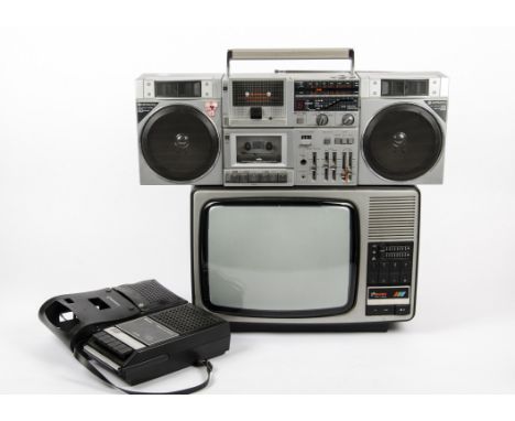 A Hitachi TRK-W2 stereo cassette recorder, together with a Sanyo cassette recorder and a Rank Radio television, model no.BC60