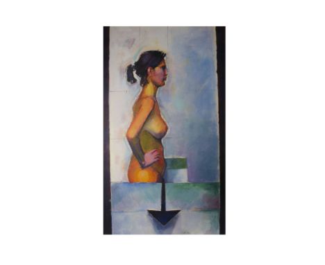 R. Henson 20th Century mixed media on canvas, Nude study with arrow pointing downwards', signed to verso 'R. Henson Nov/Dec 9