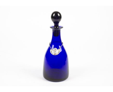 A Bristol blue decanter,  of bell shaped form in the manner of Thomas Webb, with pontil to base and Crown Staffordshire hangi