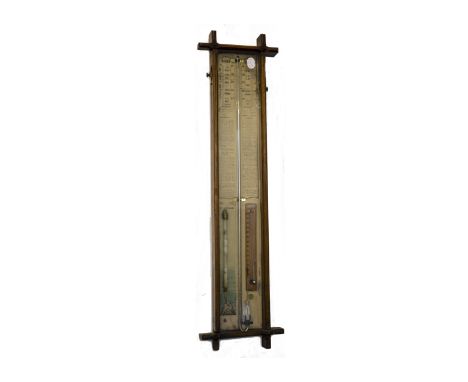 A 19th Century barometer, the central mercury filled tube placed above a paper chart making 'Admiral Fitzroy's Remarks', sepa