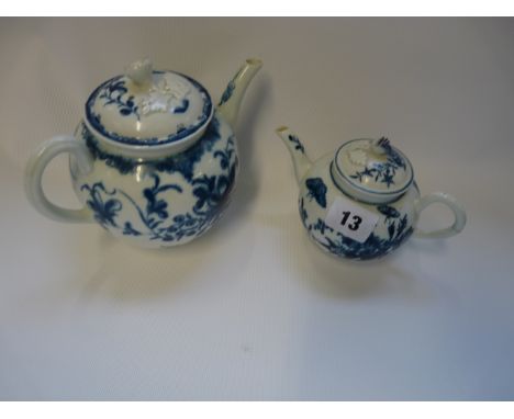 Worcester Blue & White Butterfly and Flowers teapot with crescent mark to base and a Worcester Blue & White Floral spray teap