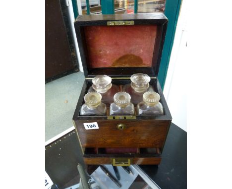 Good Quality Early 19thC Rosewood Brass bound Decanter box of 5 bottles with single drawer to base, with Key in office 