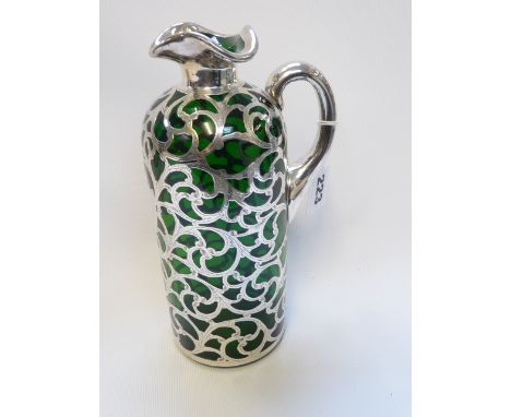 Late 19thC Large Green Glass Silver overlay flask of foliate design 