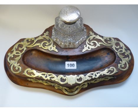 19thC Mahogany inkstand with applied brass foliate detail, inset glass inkwell with Silverplated chaised top 