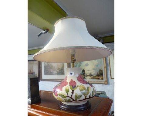 Moorcroft Large Squat Lamp base of floral decoration on beige ground, with shade and wooden base 