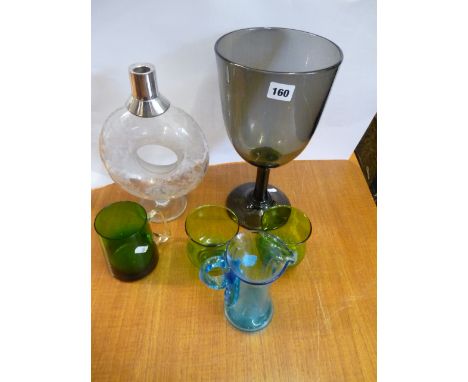 Large Whitefriars Smoky glass goblet vase, Georgian circular etched glass decanter with Silverplated rim and a collection of 