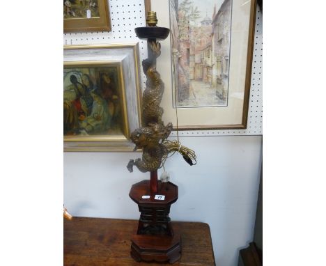 Early 20thC Chinese Hardwood Gilt Dragon decorated table lamp over octagonal stand base 