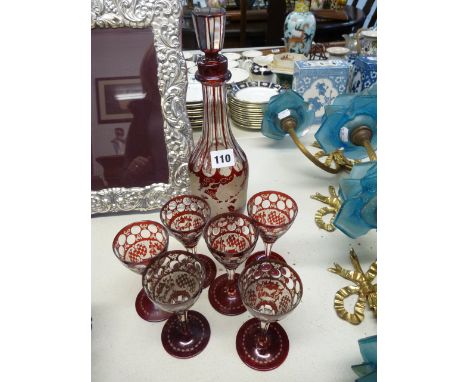 Late 19thC etched coloured glass decanter and 6 glasses decorated with hunting scenes 