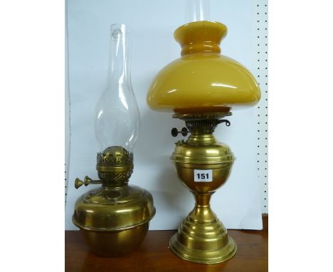 Early 20thC Oil Lamp with Opaque Amber shade and a 19thC Brass Oil Lamp 