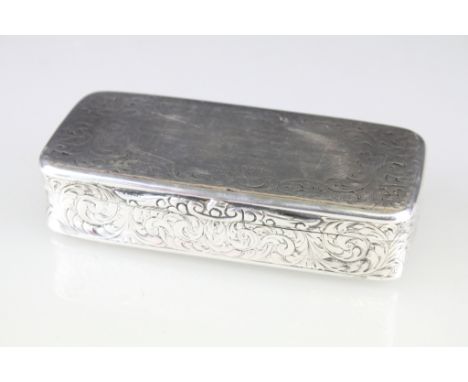 Mid 18th century silver snuff box, engraved foliate scroll decoration to the hinged lid and body, partially indistinct person