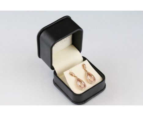 Pair of morganite and diamond 18ct rose gold drop earrings, the pear shaped mixed cut morganite measuring approx 13 x 6.5mm, 