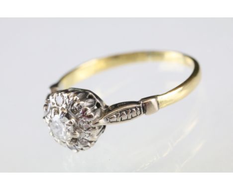 Diamond 18ct yellow gold cluster ring, small round brilliant cut diamond to the centre weighing approx 0.15 carat, claw set, 