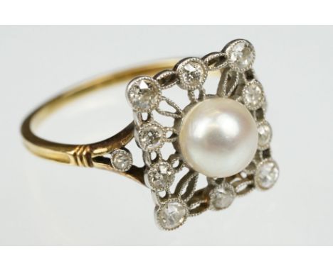 Early 20th century pearl and diamond yellow and white metal set ring, the cream-white pearl with pink overtones, dimensions a