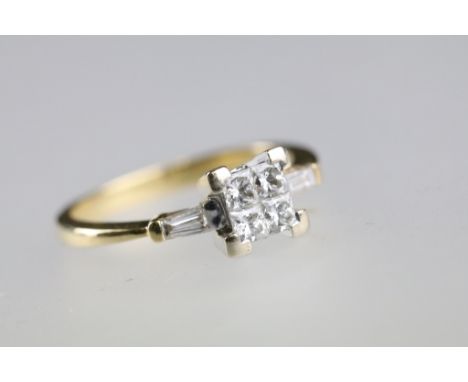 Diamond 18ct yellow gold ring, four princess cut diamonds, each diamond measuring approx 2 x 2mm, channel and claw set, two b