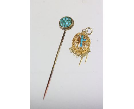 Cannetille work pendant of oval form having a cross to centre set with turquoise stones together with a gold plated stick pin