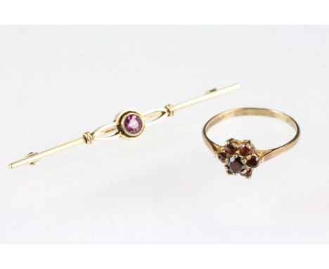 Garnet 9ct yellow gold flower head cluster ring, diameter of head approx 8mm, ring size P½-Q; together with a purple garnet 1