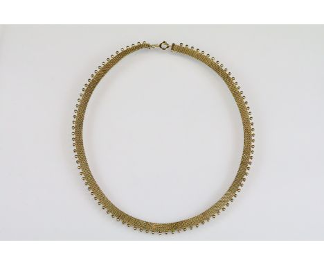 9ct yellow gold necklace, brick-link style chain with applied bead detailing, bolt ring clasp, length approx 44cm 