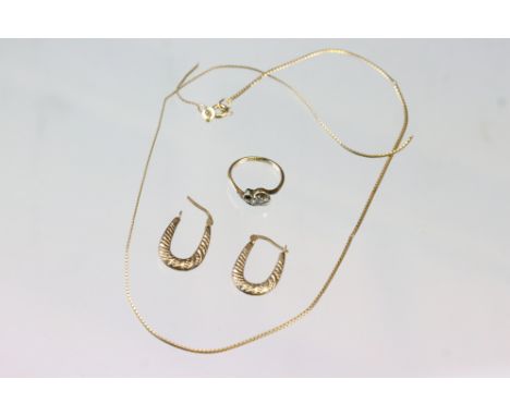 Diamond two stone 18ct gold ring, one diamond missing; pair of 9ct gold elongated hoop earrings; and a 9ct gold necklace, bro