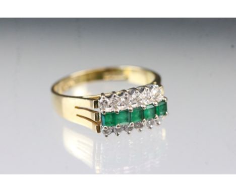 Emerald and diamond 18ct yellow gold ring, five square step cut emeralds, twelve small round brilliant cut diamonds, claw set