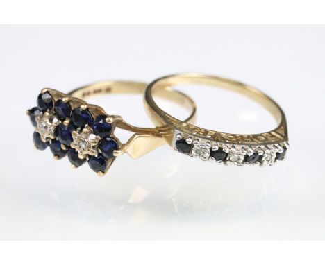 Two hallmarked 9ct gold sapphire set rings to include a double flower cluster ring (hallmarked London 1979, size k.5), and on