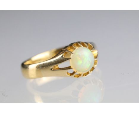 Victorian opal 18ct yellow gold ring, the Ethiopian round cabochon cut opal diameter approx 7mm, coronet claw settings, taper