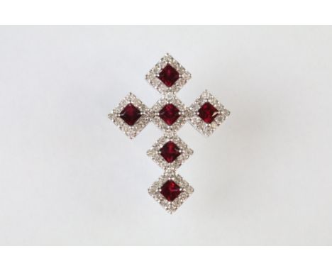 Ruby and diamond 18ct white gold cross pendant, six square mixed cut rubies, dimensions approx 2.5 x 2.5mm, small round brill