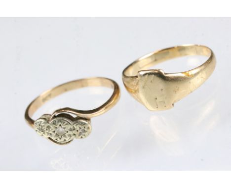 Gold signet ring, hallmarks rubbed, initials to head rubbed, tapered shoulders, ring size L½; together with  a paste set 9ct 