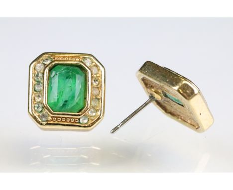 Pair of Christian Dior earrings, green and white paste stones, octagonal gilt frame, post ear fittings, dimensions approx 13 