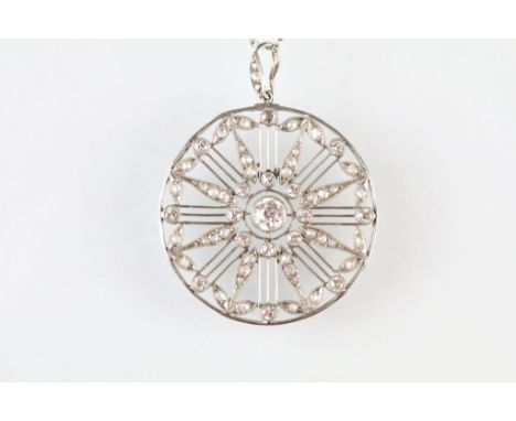 Belle Epoque diamond white metal pendant necklace, the pierced circular pendant with principal round old cut diamond to the c