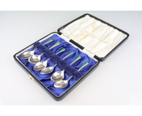 Set of mid 20th century six enamelled silver coffee spoons, green enamelling to the stems, makers Haseler &amp; Restall, Birm